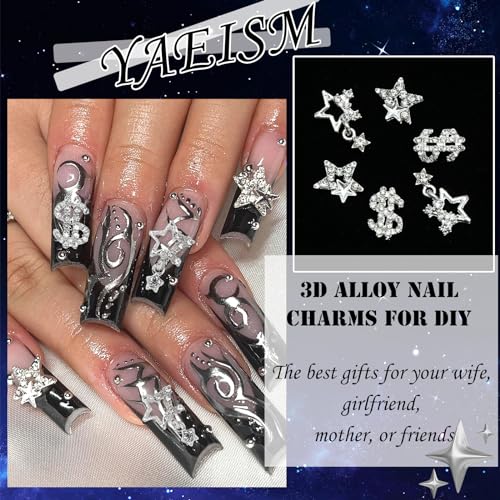 YAEISM 12PCS 3D Star & Dollar Sign Silver Crystal Nail Charms