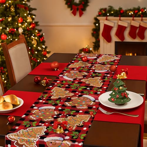 Gingerbread Man Table Runner 13x90 Inch Christmas Plaid Holiday Decor