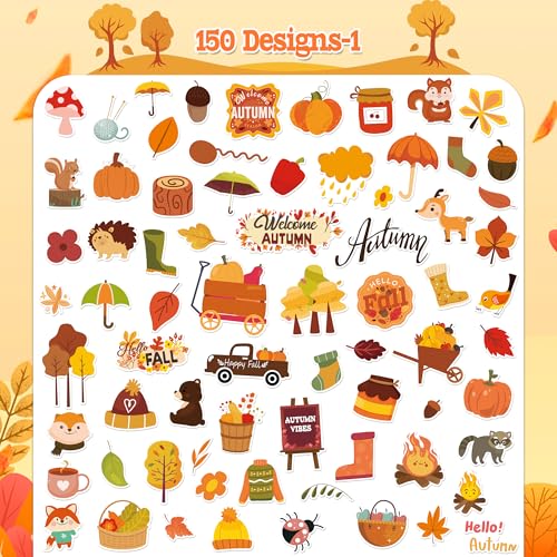 150 Fall Vinyl Stickers Pack - Waterproof Autumn Designs for Kids & Adults