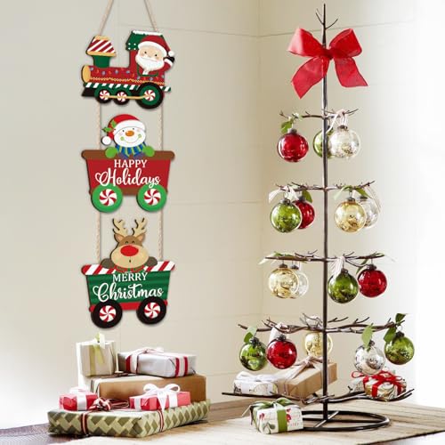 Christmas Train Door Decor Set - Santa Snowman Reindeer Wreath Holiday Welcome Sign - 3 Pieces