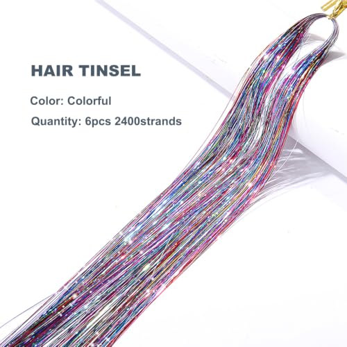 Hair Tinsel Kit with Tools - 2400 Strands 47 Inch Heat Resistant Glitter Hair Extensions Sparkling Fairy Hair Accessories