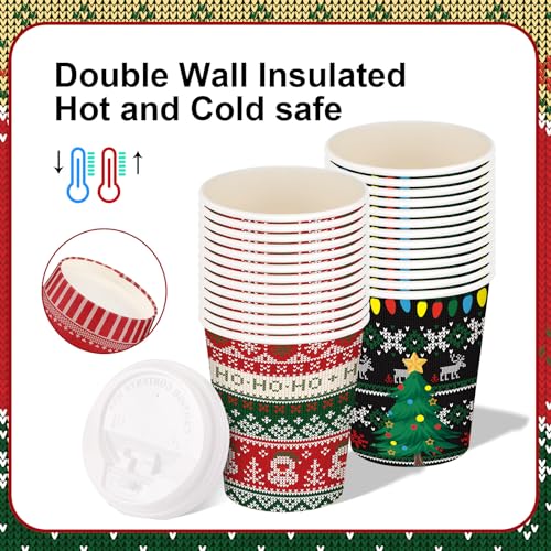 Gerrii 100 Pack Christmas Paper Cups with Lids 12 oz Ugly Sweater Style