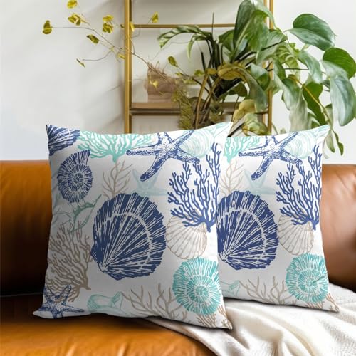 Anyako Nautical Coastal 18x18 Pillow Covers - Seashell Print, Set of 2