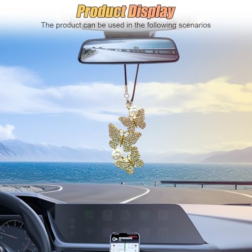 Bling Butterfly Car Rear View Mirror Charm - White Rhinestone Pendant