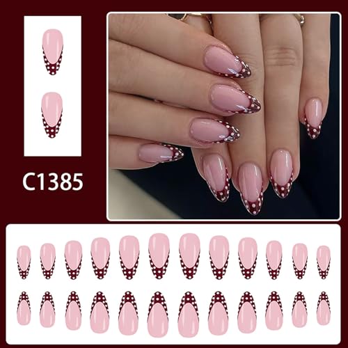 KSTBJN Medium Almond French Press on Nails White Polka Dot Fake Nails
