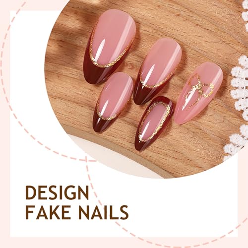 Red French Tip Press on Nails Medium Almond with Gold Bow & Glitter