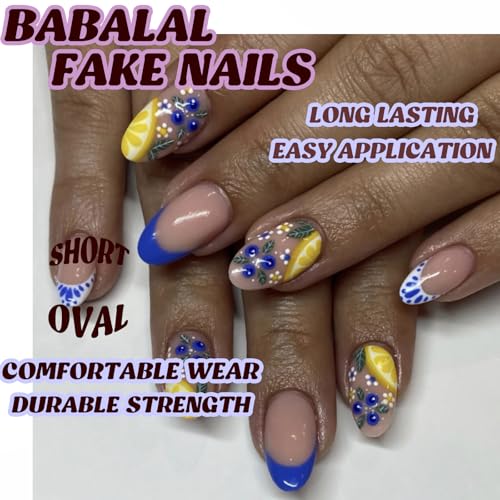 BABALAL Short Oval Press on Nails Blue French Tip with Lemon Design