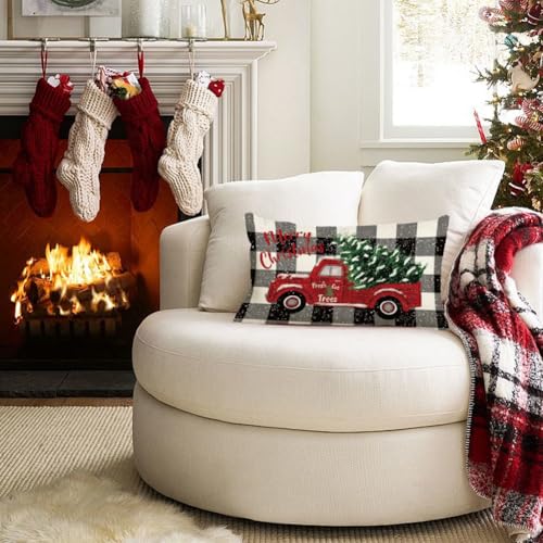 RABUSOFA 12x20 Red Truck Christmas Pillow Cover - Buffalo Plaid