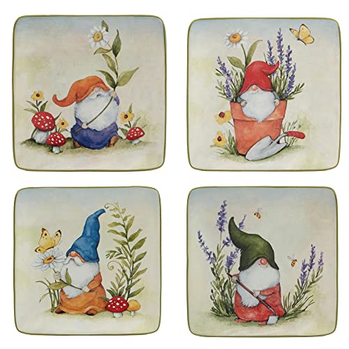 Certified International Garden Gnomes 6" Canape/Luncheon/Appetiser Plates, Assorted Designs, Small, Multicolor, Set of 4