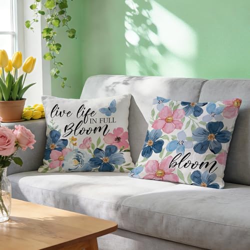 Fjfz Navy Flower Throw Pillow Covers 18x18 Set of 4 Cotton Linen