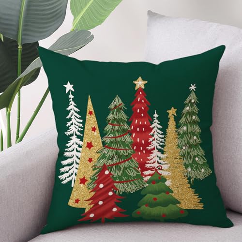 Green-02 Christmas Tree Throw Pillow Covers, 18x18 Inch Linen Set of 2