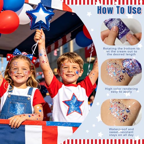 4th of July Face Glitter Stick and Rhinestone Gem Stickers Patriotic Makeup
