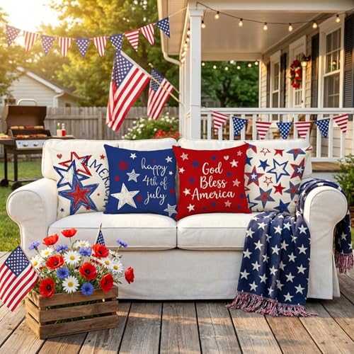 Honamonoy Patriotic Star Throw Pillow Covers 18x18 Inch Set of 4 - 4th of July & Independence Decor