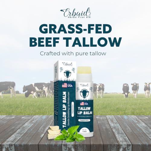 Erbaid Beef Tallow Lip Balm – Grass-Fed Tallow & Beeswax Chapstick with Peppermint