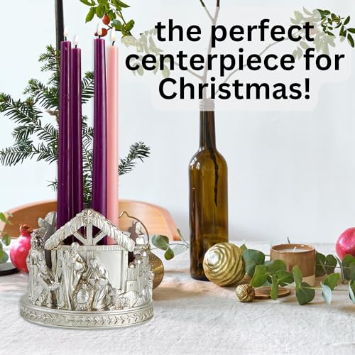 Nativity Scene Advent Wreath Candle Holder - Christmas Countdown Holy Family Centerpiece, 6x5.25 Inches