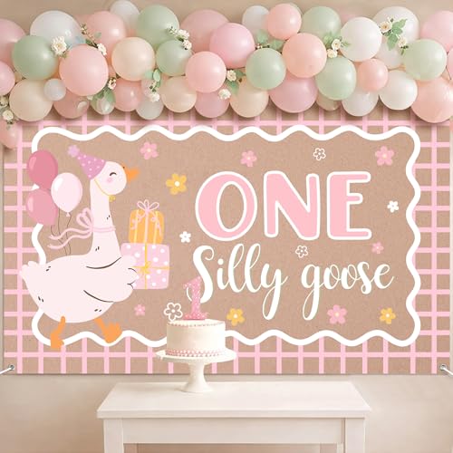 One Silly Goose 1st Birthday Backdrop - 6.1 x 3.6 ft Pink Polyester Banner