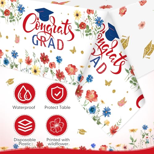 Ganeen 3-Piece Graduation Tablecloth Set | Class of 2026 Floral Design, 54x108 Inch