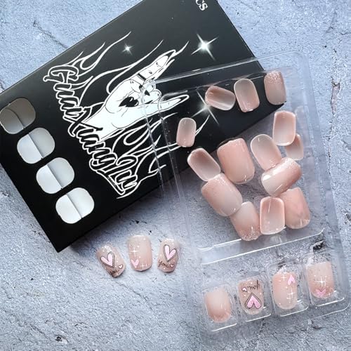 Valentine's Short Square Press on Nails - Pink French Tip Heart Glitter False Nails