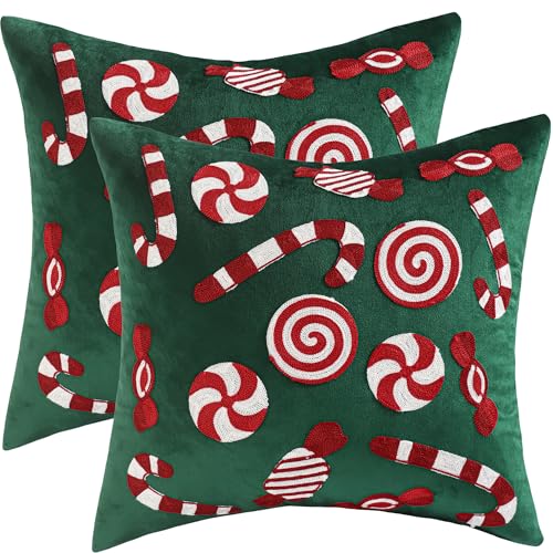 Christmas Throw Pillow Cover 18x18 Set of 2 Dark Green Candy Cane - Holiday Decor