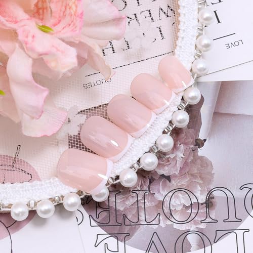 Short Square French Tip Press On Nails - 24Pcs Nude Glossy False Nails