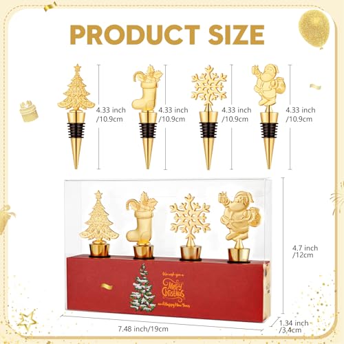 Golden Christmas Wine Stoppers Set - 4 Pack Holiday Bottle Corkers for Keeping Wine Fresh