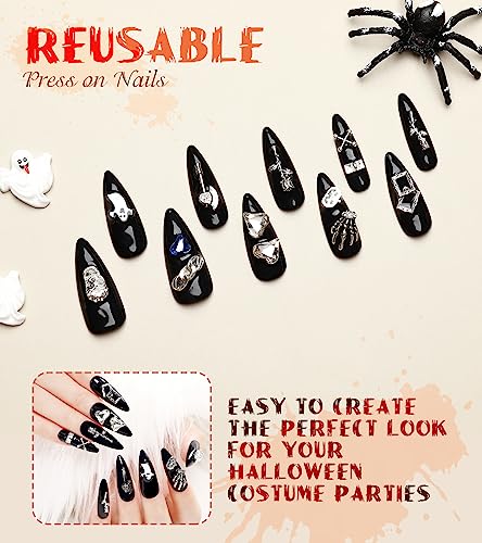 Extra Long Black Stiletto Press On Nails Halloween Gothic Fake Nails