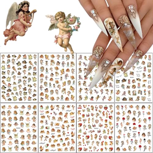 GUAACCB 8 Sheets 3D Angel Nail Stickers Cupid Wings & Rose Flower Decals