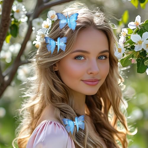 SmallCat 5pcs Gradient Blue Butterfly Hair Barrettes with Rhinestone Organza