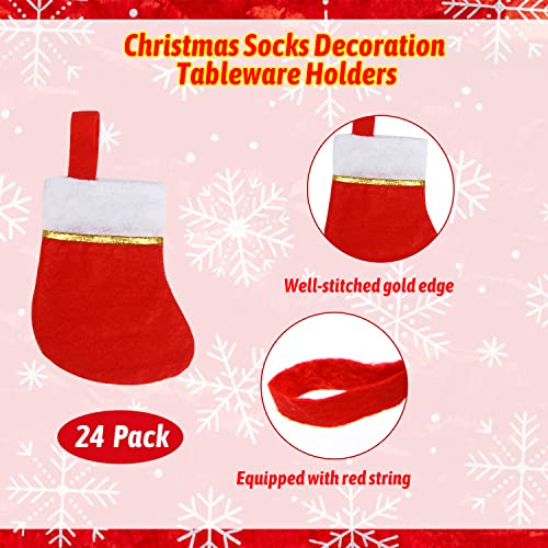 Christmas Stocking Tableware Holders Set - 24 Red Felt Silverware Bags with Gold Trim