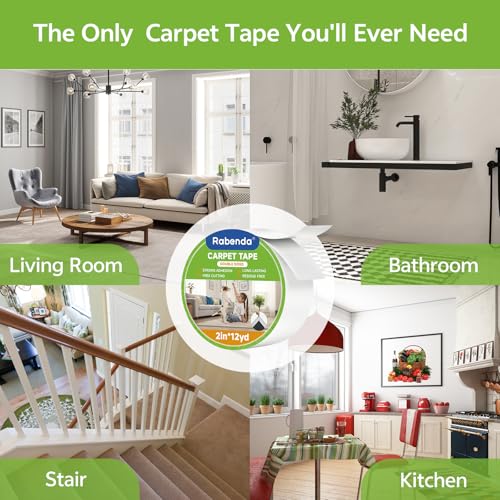 Rabenda 2 Inch x 12 Yards Double Sided Carpet Tape - Removable Rug Tape for Hardwood Floors
