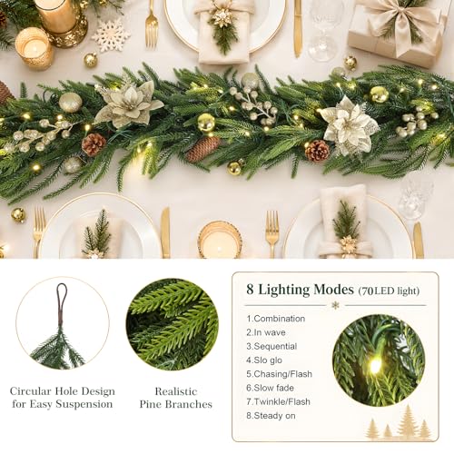 Green 9FT Christmas Prelit Norfolk Pine Garland with Lights & Decorations