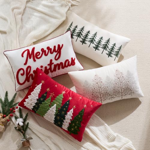 Christmas Tree Winter Pillow Cover 12x20 Inch Embroidered Lumbar Decor - Green
