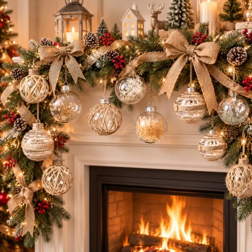 Farmhouse Christmas Ornaments Set with Burlap & Ribbons, 28 Pieces