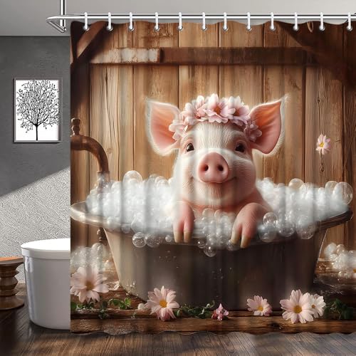 Funny Pink Pig Shower Curtain, 70x70 Inches - Farmhouse Decor
