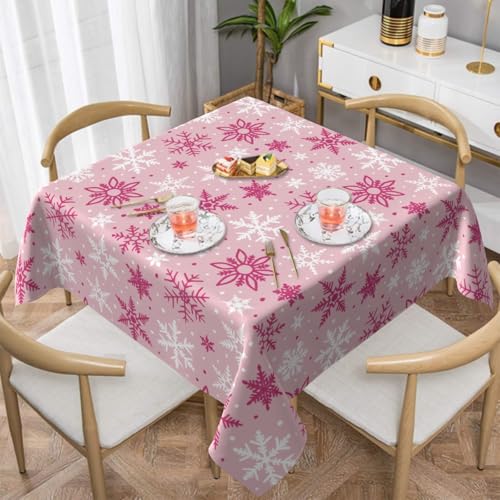 Pink Christmas Square Tablecloth 60x60 Inch Snowflake Holiday Decor - Pink & White