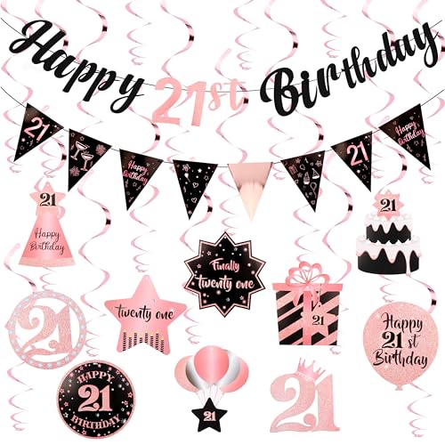 Rose Gold 21st Birthday Decorations Set - Pre-Assembled Banner & Swirls