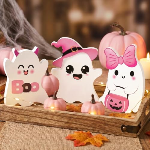 Cute Pink Wooden Ghost Halloween Table Decor - 3 PCs Set