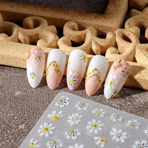 3D Floral Nail Stickers Embossed Cherry Blossom Daisy Decals - 3 Pcs