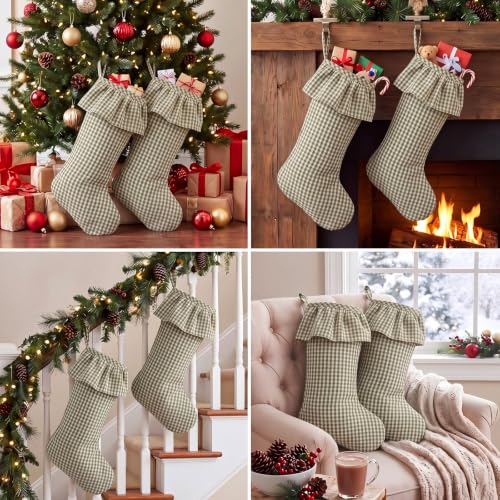Green Gingham Christmas Stockings - 4 Pack, 18 Inches Large Ruffled Holiday Stockings