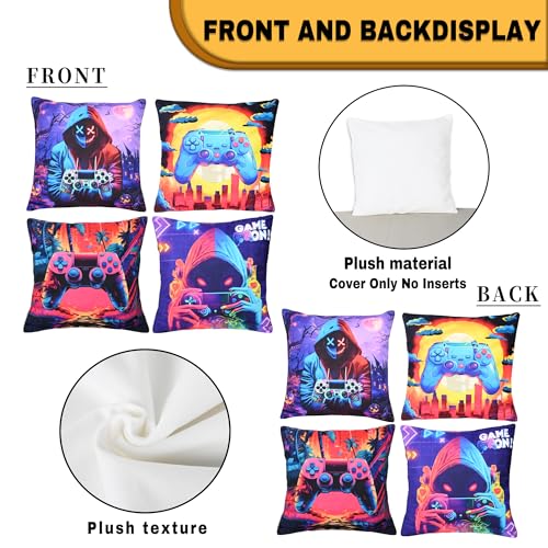 Gaming Pillow Covers for Teen Boys - 4-Pack 18x18 Inch Flannel Decor