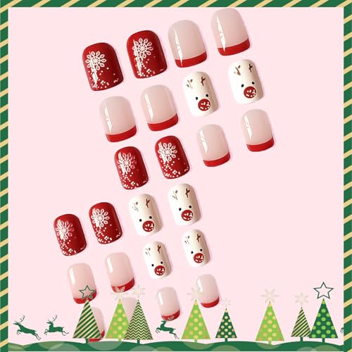 Christmas Press On Nails Short Square Red French Tip False Nails Kit