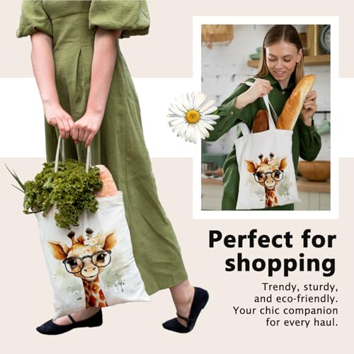 Giraffe Canvas Tote Bag for Women - 15x15 inch - Reusable Shopping Bag