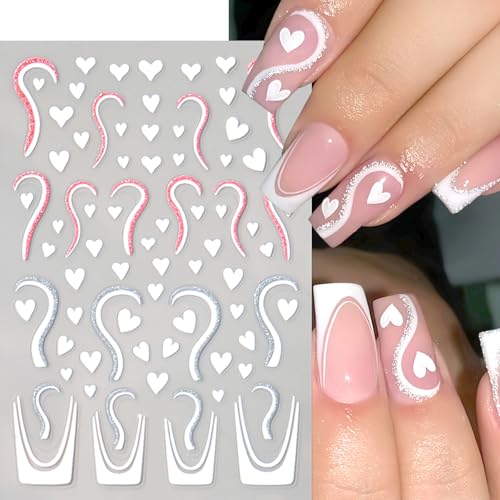 6 Pcs Valentines Glitter Heart Nail Stickers Self-Adhesive Decals