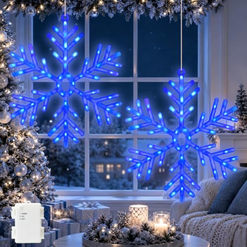 LED Snowflake Lights 2 Pack 22 Inch Christmas Window Decor Blue