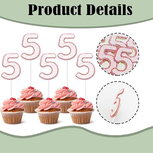 10 Pink Glitter Number 5 Cupcake Toppers for Birthday Parties