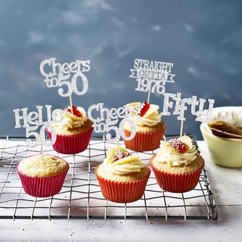 Happy 50th Birthday Cupcake Toppers - 24Pcs Glitter Decorations