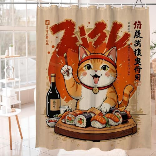 Funny Japanese Cat Shower Curtain, Red Orange Sushi Anime Design 72x72"