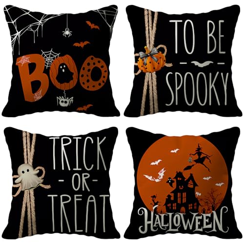 Halloween Ghost Pillow Covers Set of 4 - Black & Orange Decorative Cushion Cases