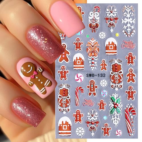 Christmas Nail Stickers 5D Embossed Winter Snowman Gingerbread Decals 2 Sheets