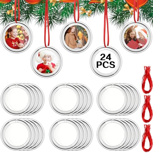 Christmas Photo Ornaments Set - 24 Clear Round Decorations 2.75 Inch with String